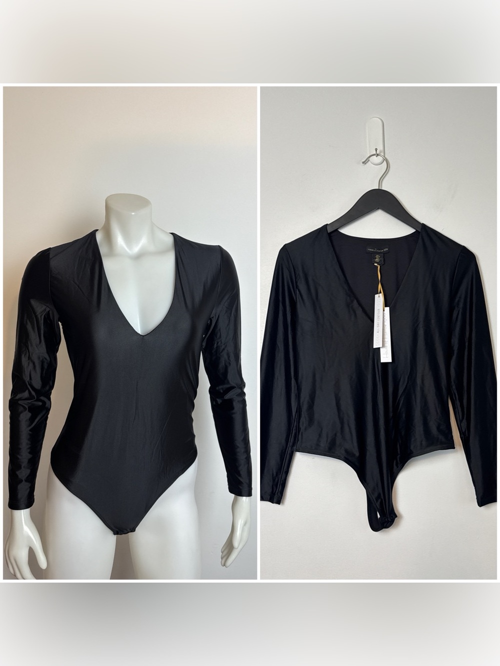 NWT - House of Harlow.  Black Satiny, stretchy, V-neck thong bodysuit. Large